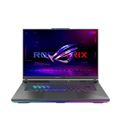 ASUS ROG Strix G16 gaming laptop shown open with RGB keyboard