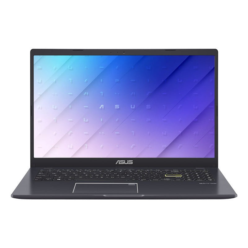 Asus Vivobook Go 15 laptop open at a front angle with dark keyboard and blue-purple gradient display