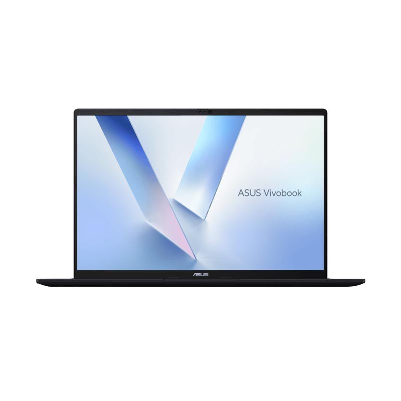 Asus Vivobook 16 laptop open at a front angle with quiet blue chassis and large display