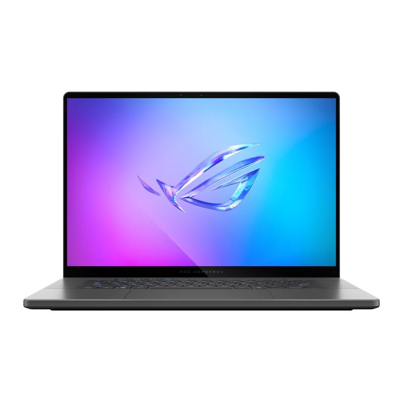 Asus ROG Zephyrus G16 laptop open at a front angle with dark gray chassis and colorful gradient display