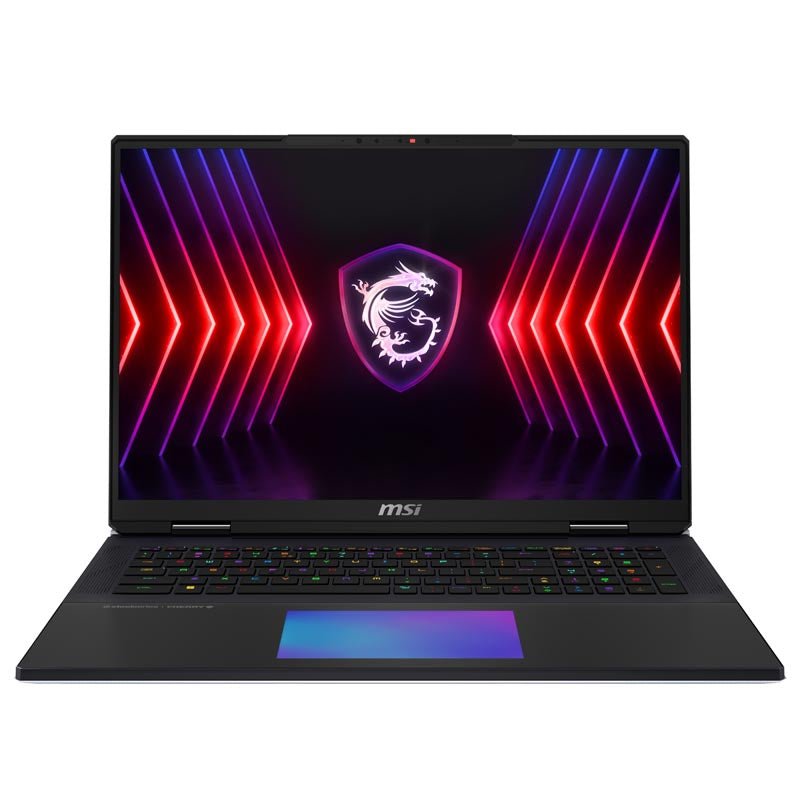MSI Titan 18 laptop shown open with RGB keyboard and illuminated display